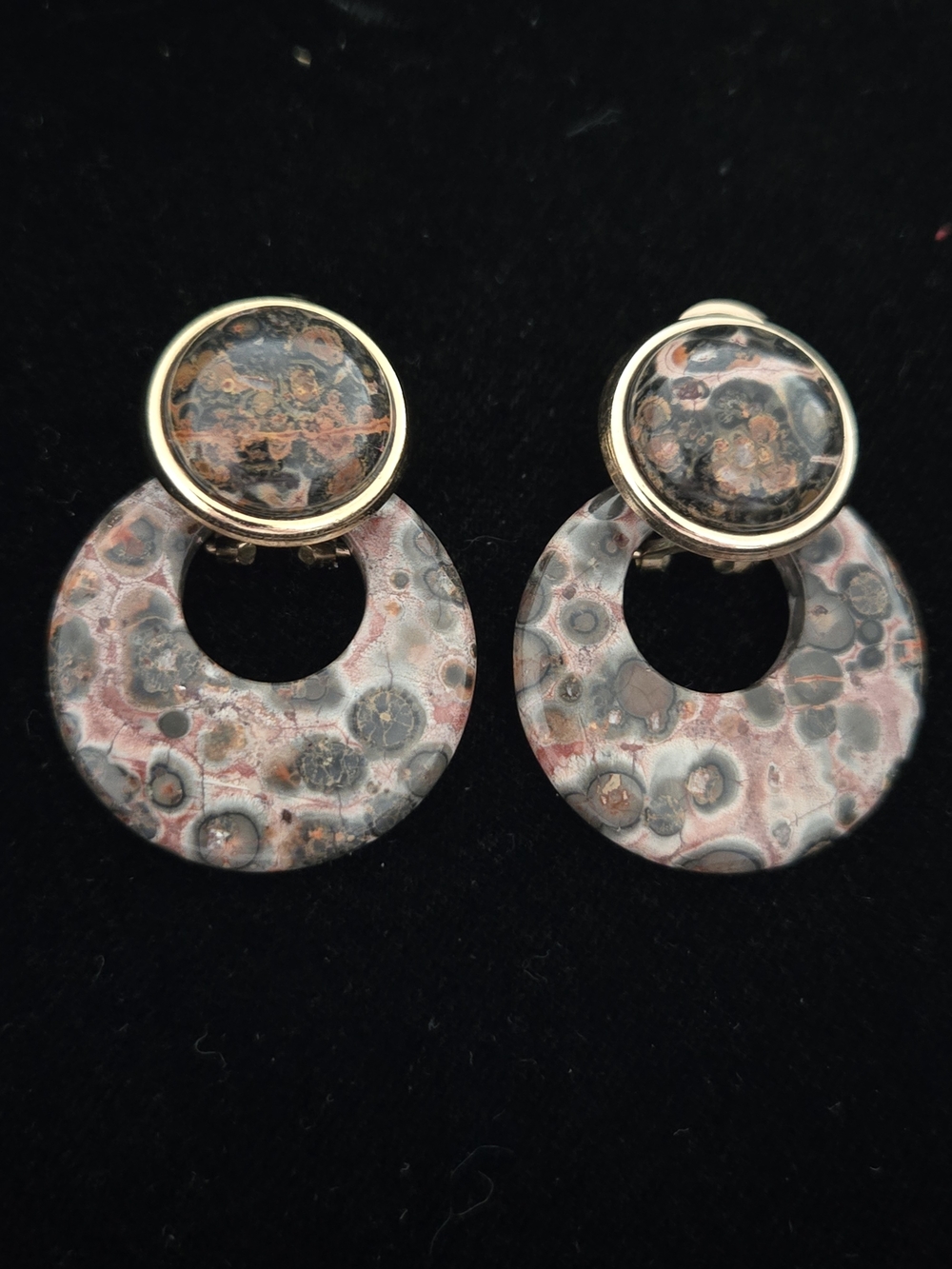 Leopard Jasper Hoop Drop Earrings in Pink & Gray